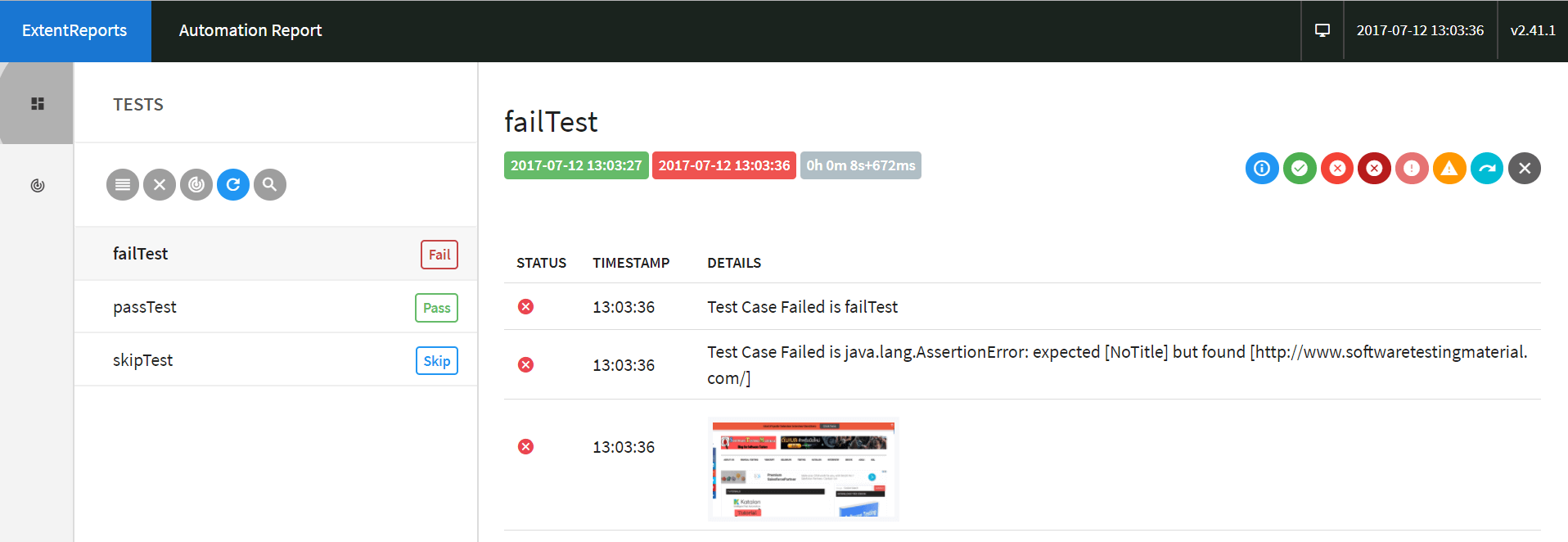 Screenshot Failed Test Case Extent Reports