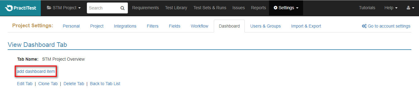 PractiTest Add Dashboard Items