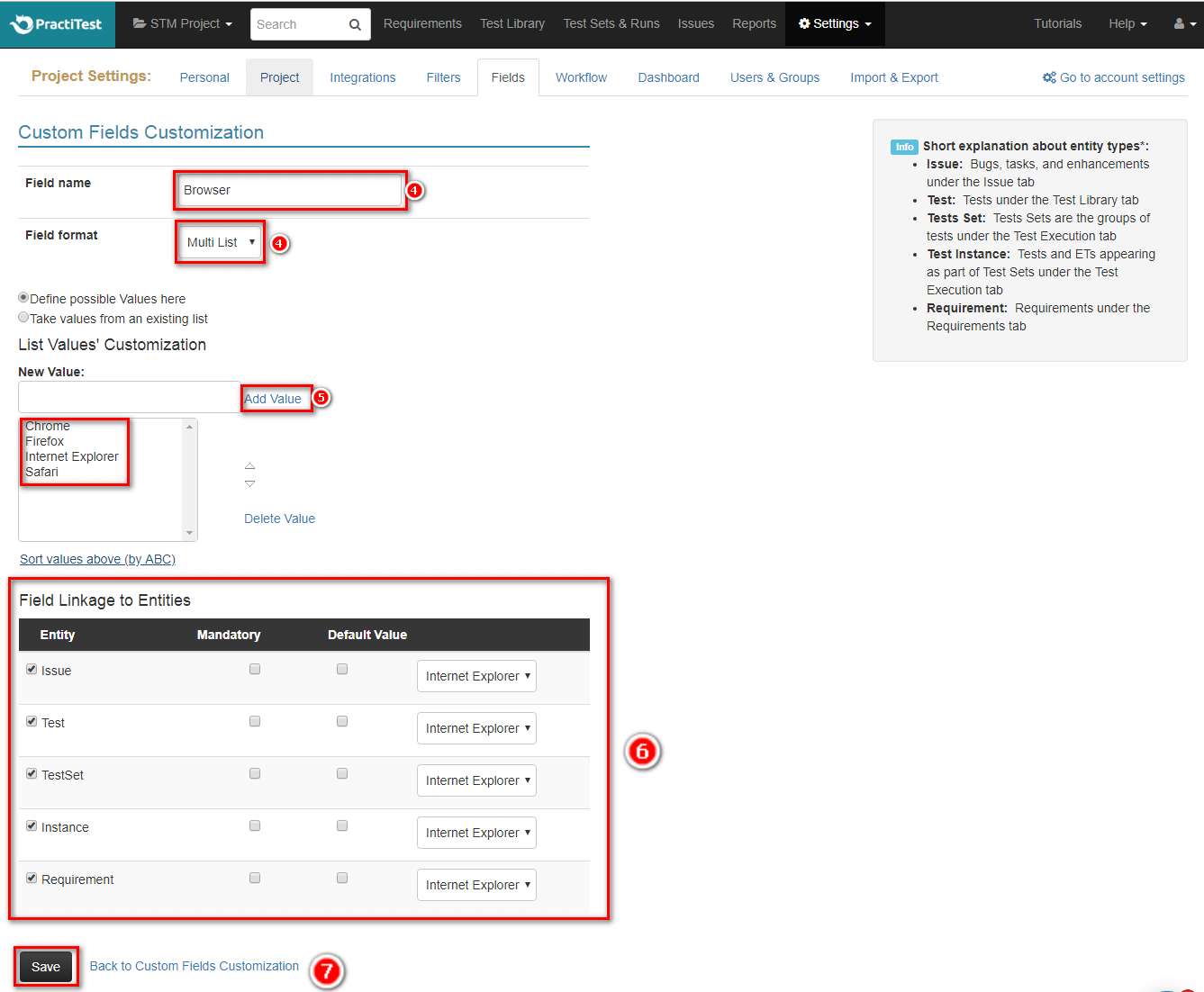 PractiTest Custom Fields Save