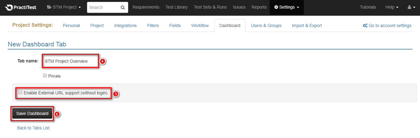 PractiTest Dashboard Save