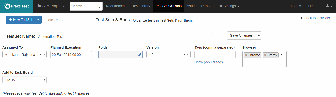 PractiTest Test Sets Save