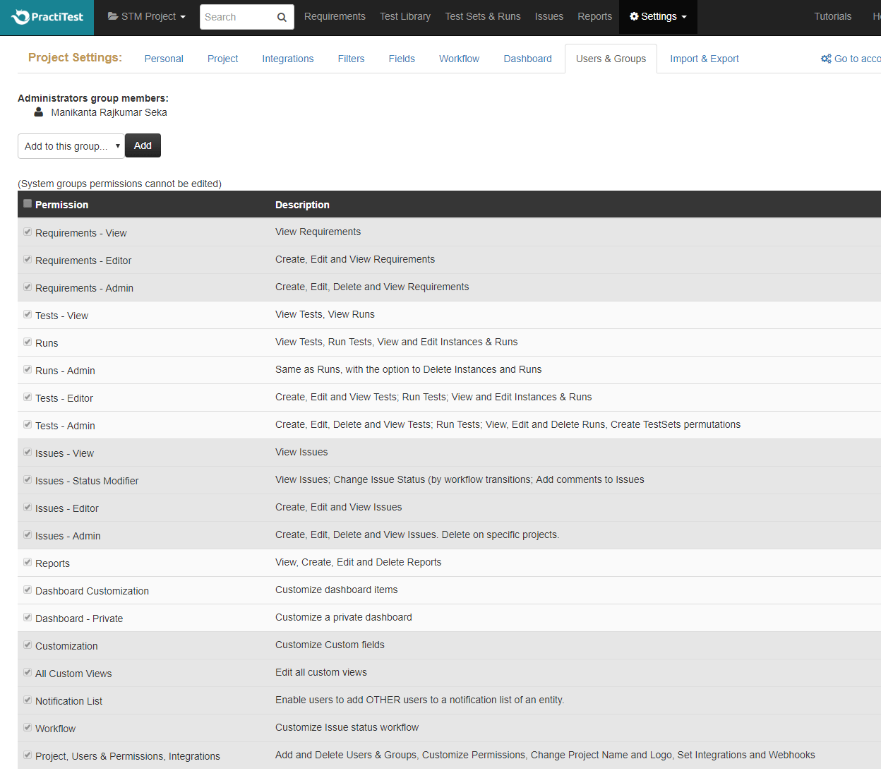 PractiTest Users & Groups Permissions