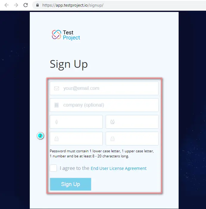 TestProject Signup Form