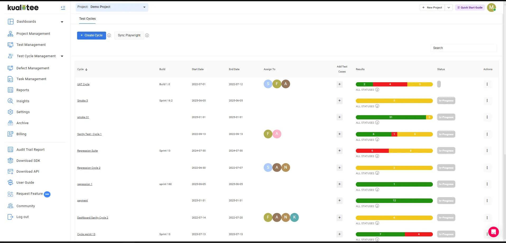 Test Cycles in Kualitee Test Management Tool