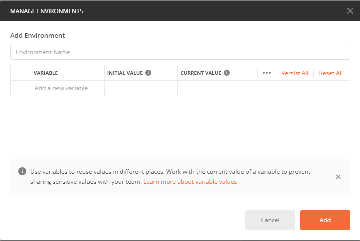 Postman Create New Environment