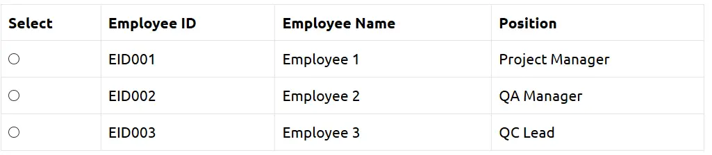 Employee Table Sample Page To Test