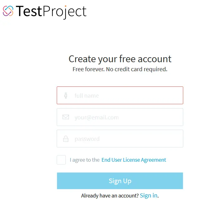 TestProject Create Account