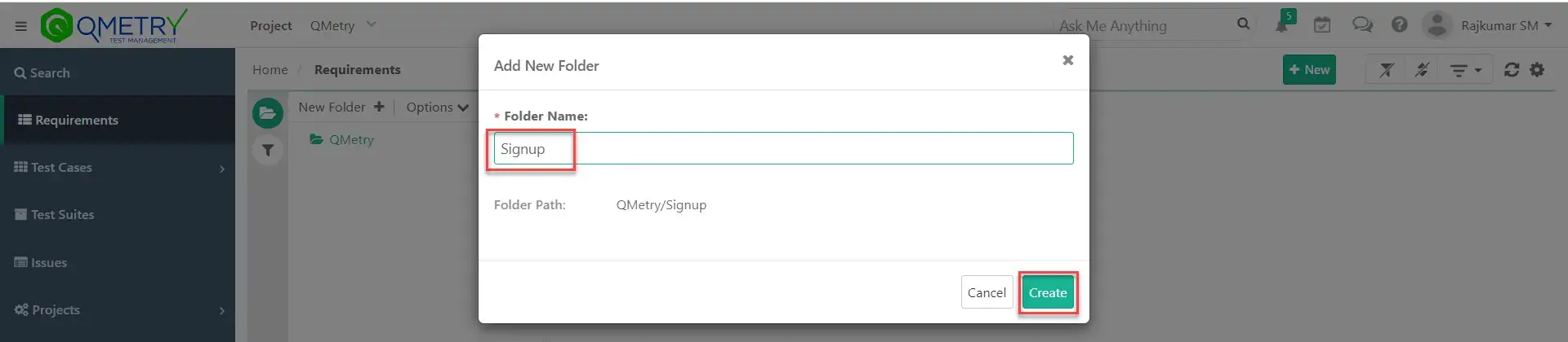 QMetry Requirements NewFolder Create