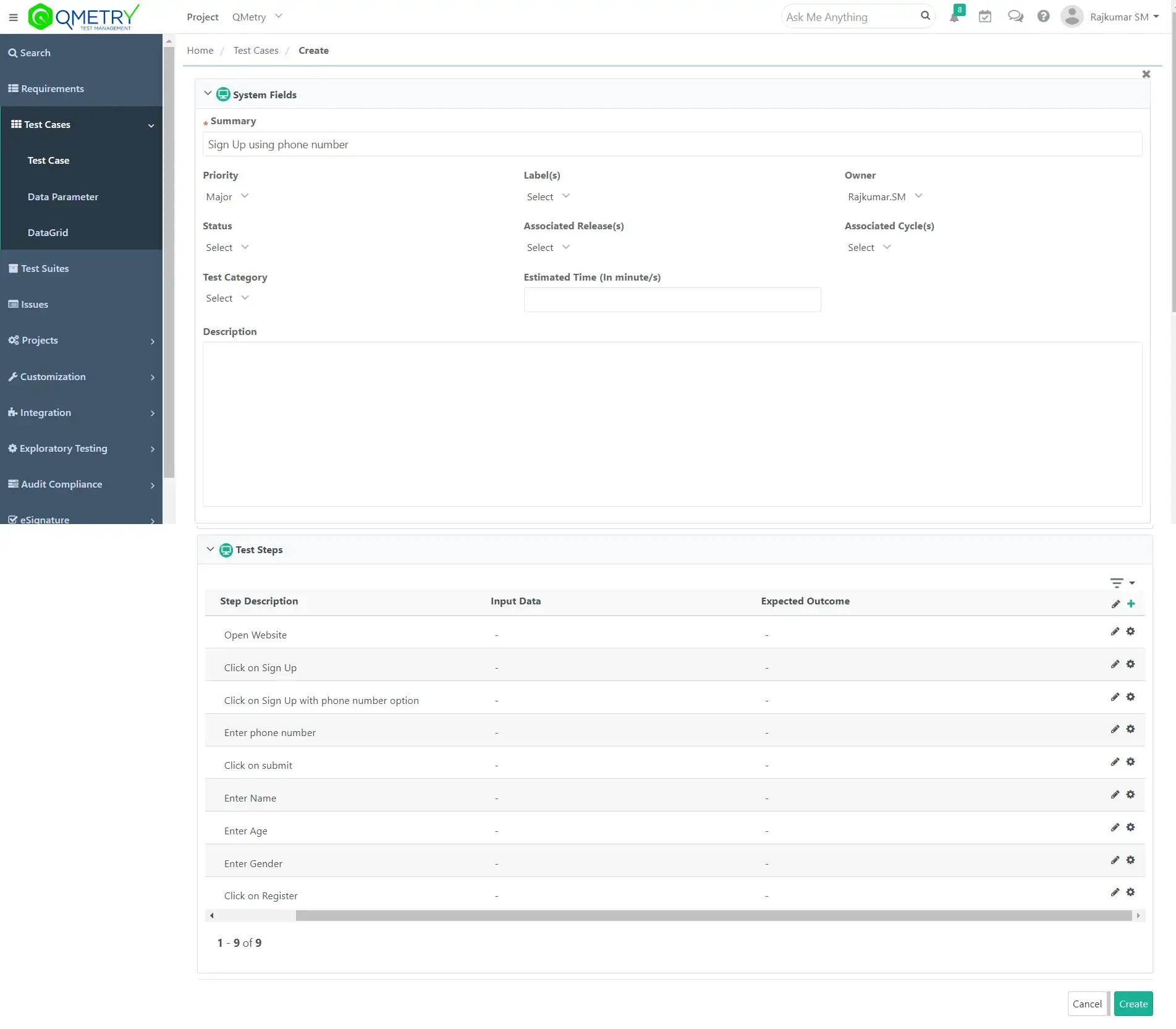 QMetry TestCases Create TestCase 1