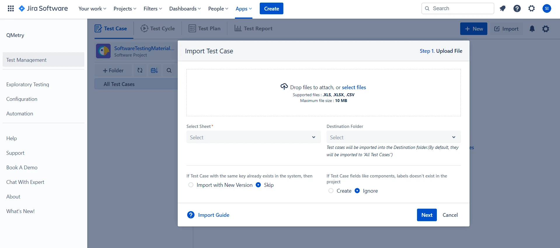 QTM4J Atlassian Jira QMetry TestManagement Import Dialog