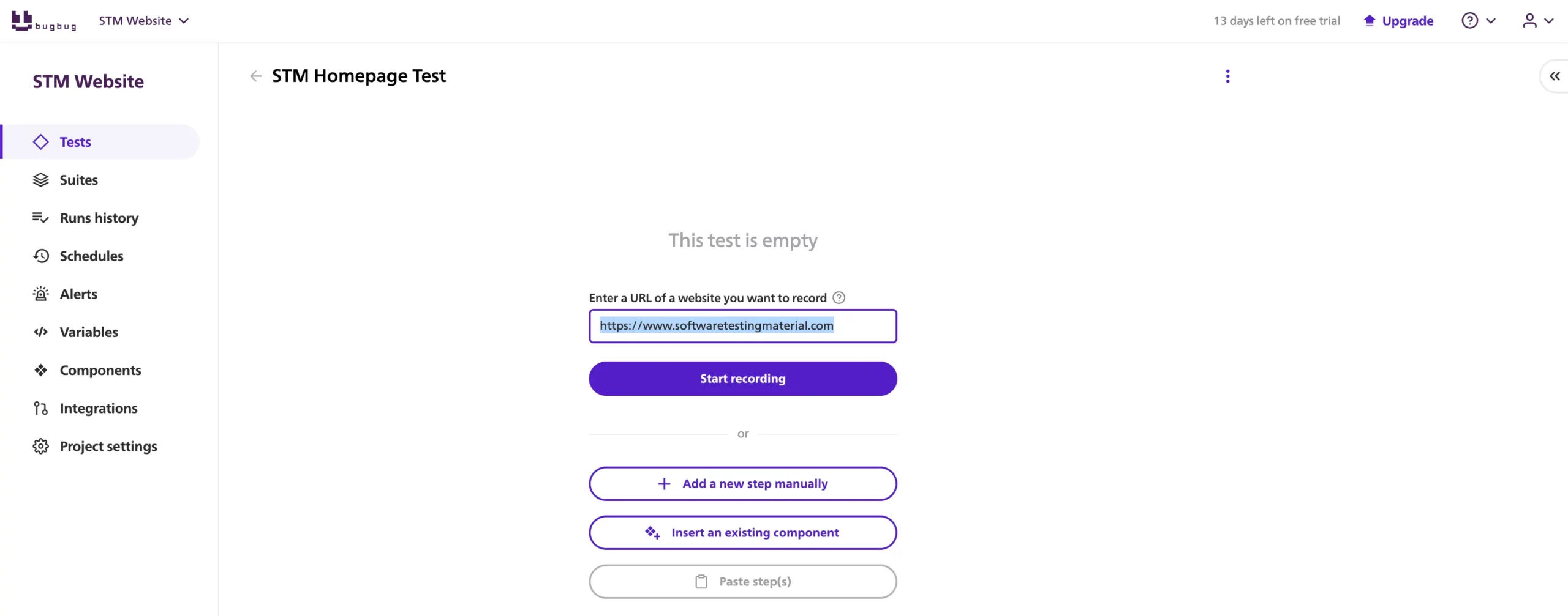 Enter URL to start recording the test